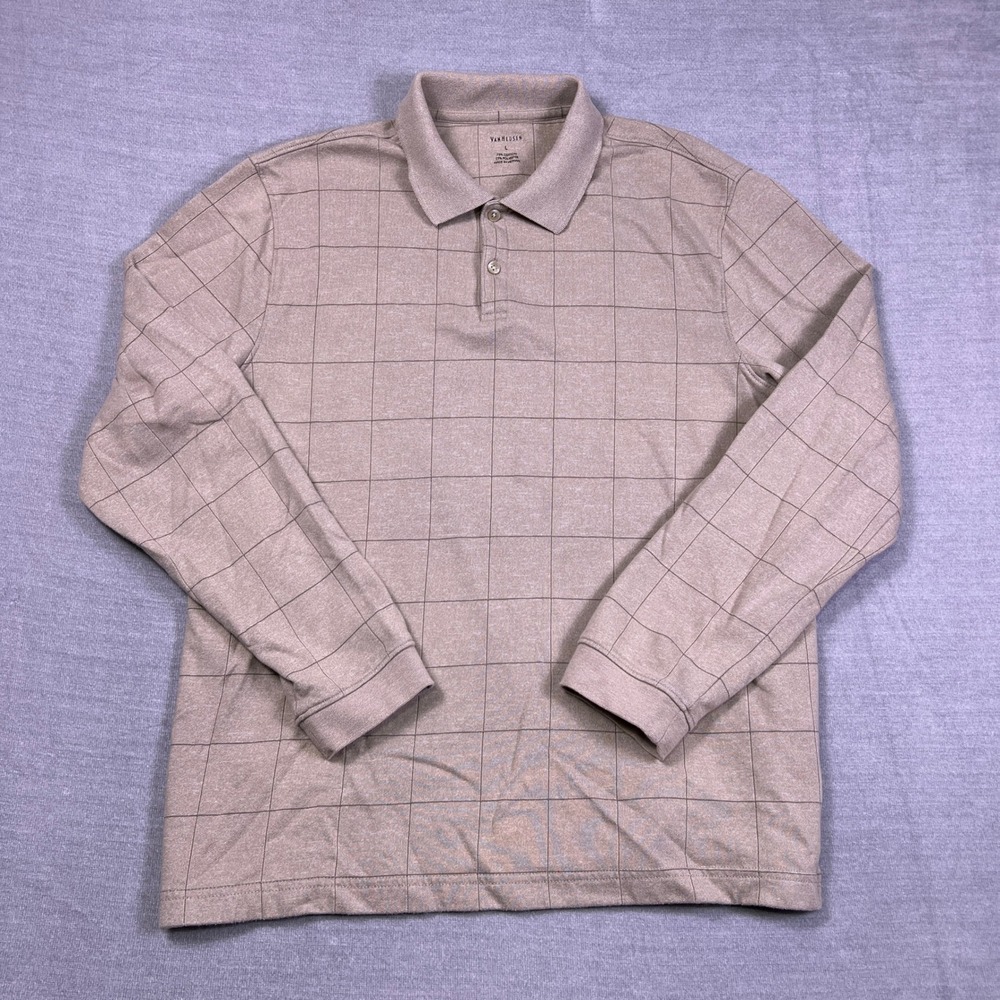 Van Heusen Windowpane Check Long Sleeve Polo Shirt Mens Large Tan Cotton Blend